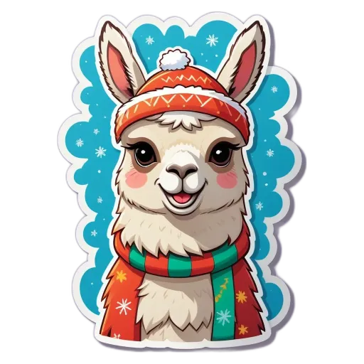 A cartoon picture of a llama in winter.