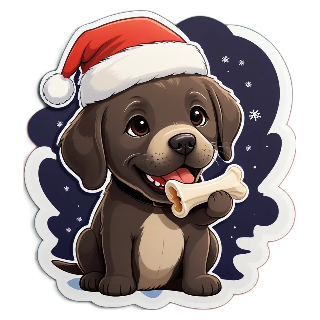 A dog wearing a Santa hat holding a bone.