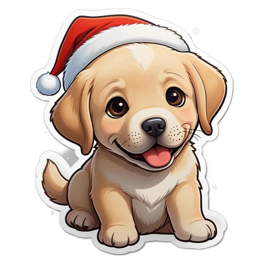 A puppy dog wearing a christmas hat is sitting on a black and white background.