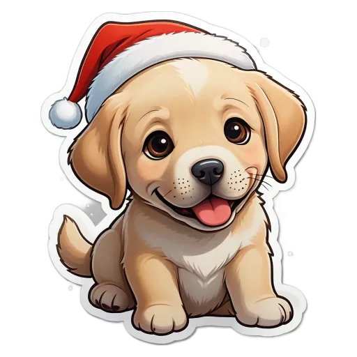 A puppy dog wearing a christmas hat is sitting on a black and white background.