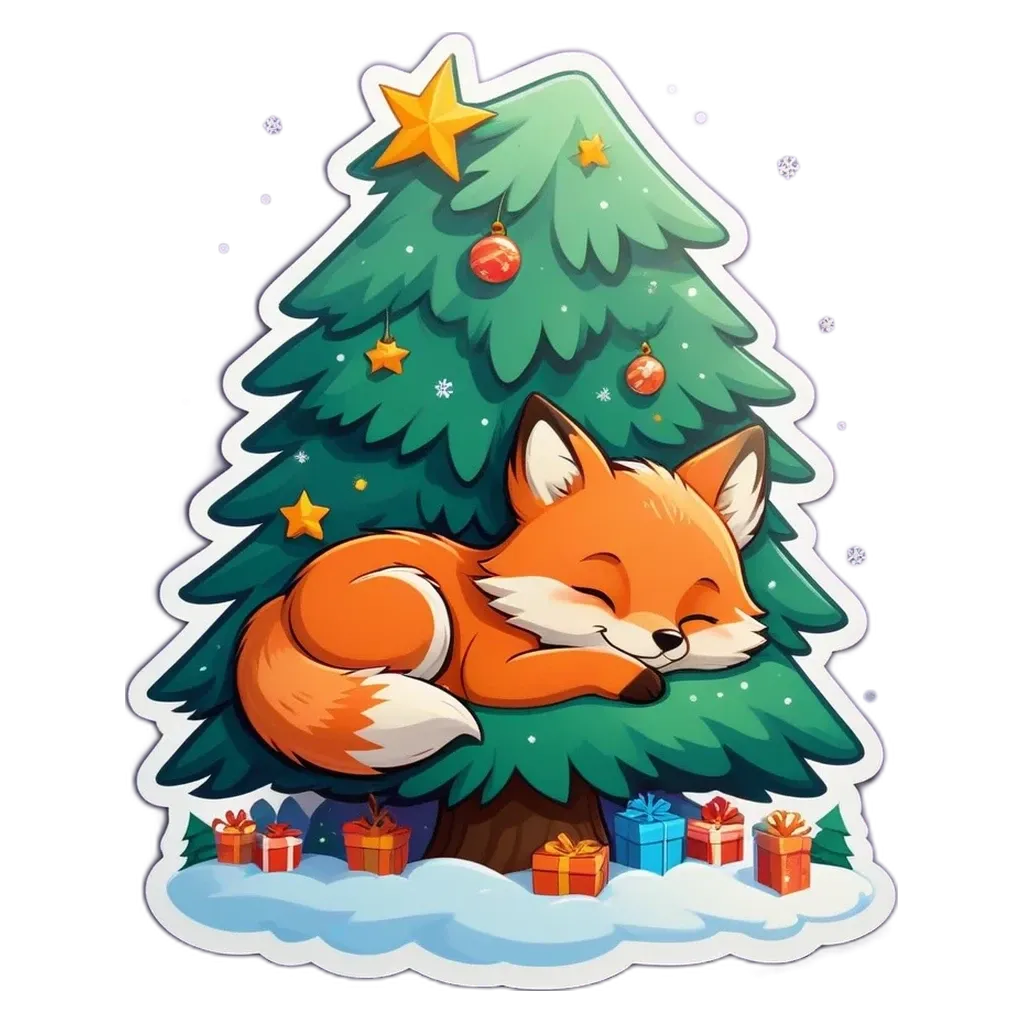 A cartoon image of a fox sleeping on a christmas tree.