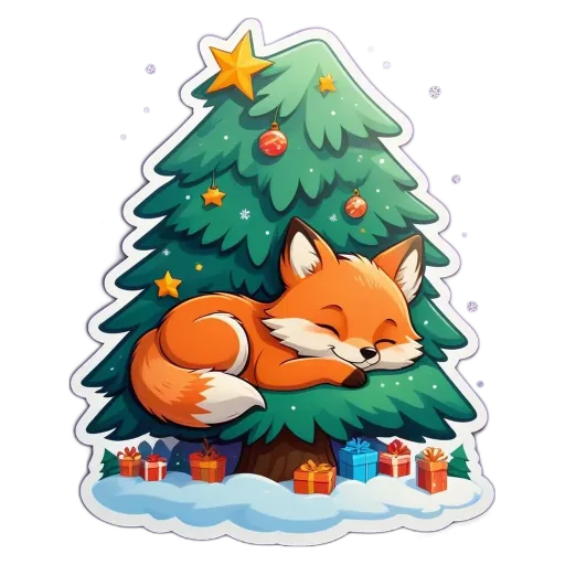 A cartoon image of a fox sleeping on a christmas tree.