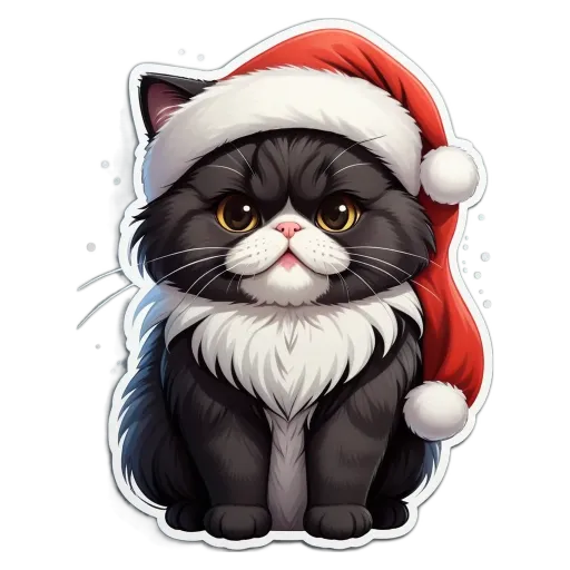 A black and white cat in a Santa hat.