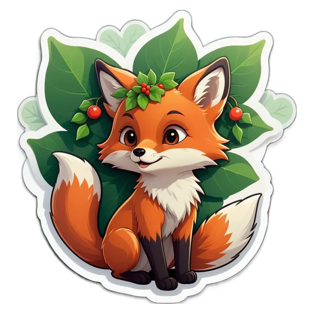 A fox with a leafy head and feet, sitting on a black and white background.