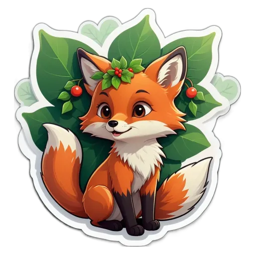 A fox with a leafy head and feet, sitting on a black and white background.