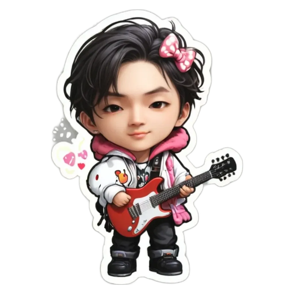 A cartoon picture of a boy playing the guitar with a bow in his hair.