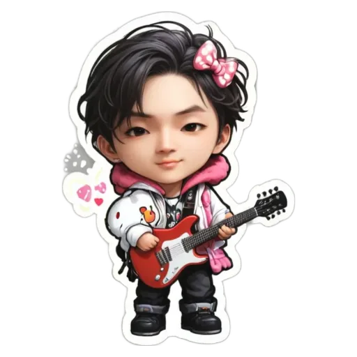 A cartoon picture of a boy playing the guitar with a bow in his hair.