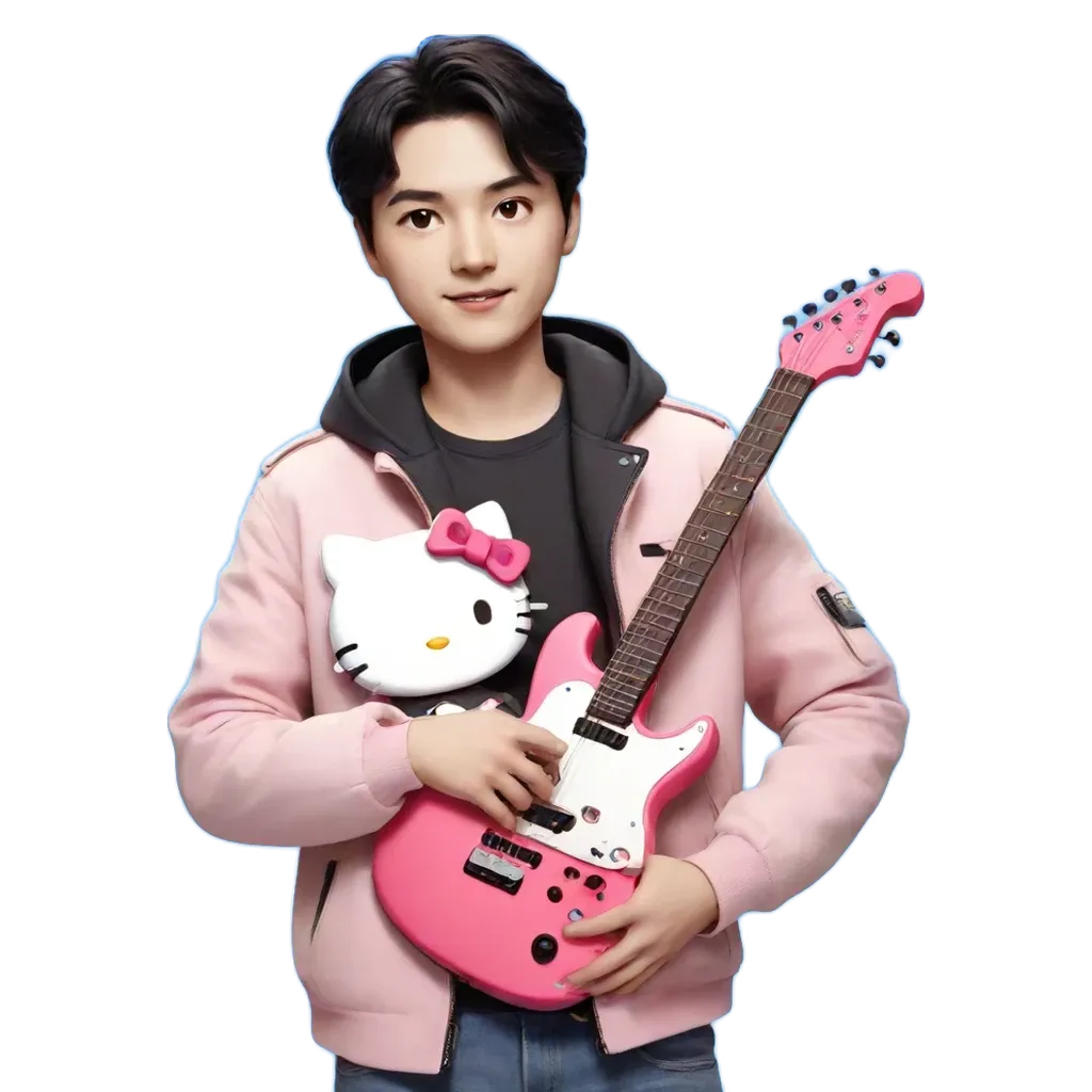 A boy holding a guitar next to a Hello Kitty plush.