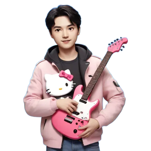 A boy holding a guitar next to a Hello Kitty plush.