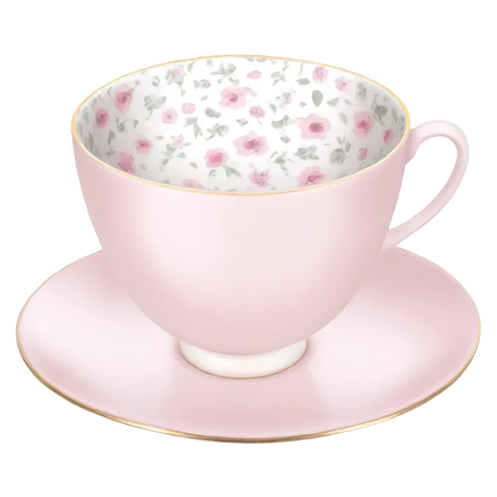 A pink tea cup with a floral pattern on the side and rim.