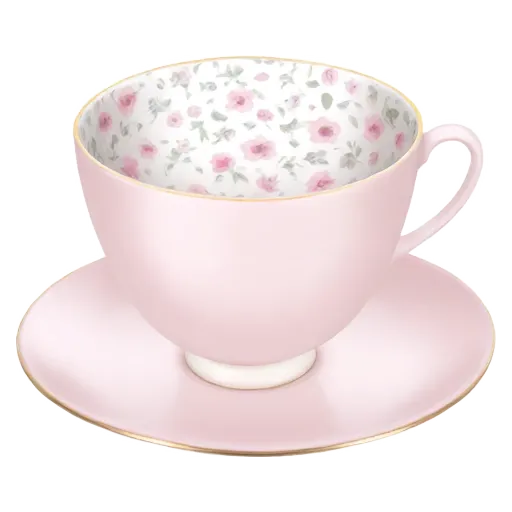 A pink tea cup with a floral pattern on the side and rim.