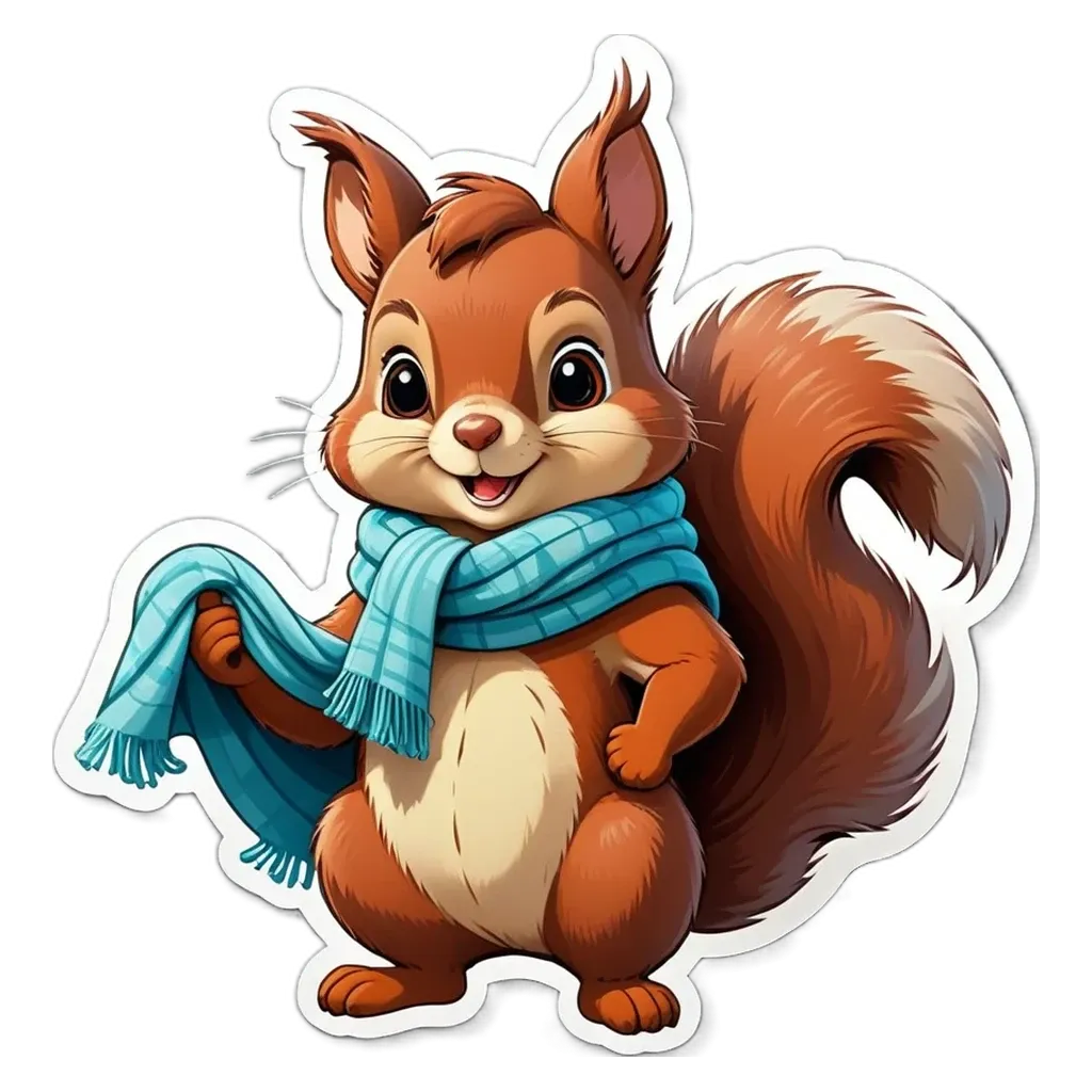 A squirrel wearing a blue scarf is standing on a black background.