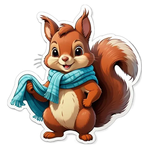 A squirrel wearing a blue scarf is standing on a black background.