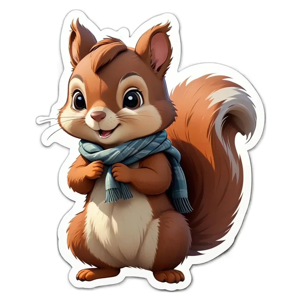 A squirrel with a scarf is holding its tail in a picture.