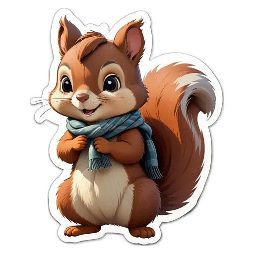 A squirrel with a scarf is holding its tail in a picture.