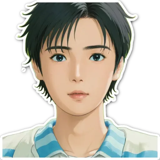 A sticker of a boy with blue and white stripes.