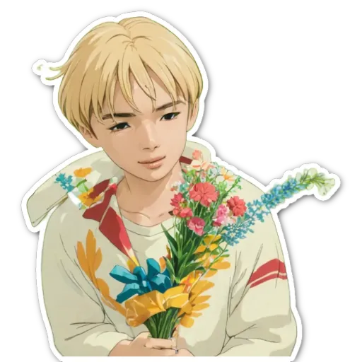 A boy with flowers in his hand that is holding a sticker.