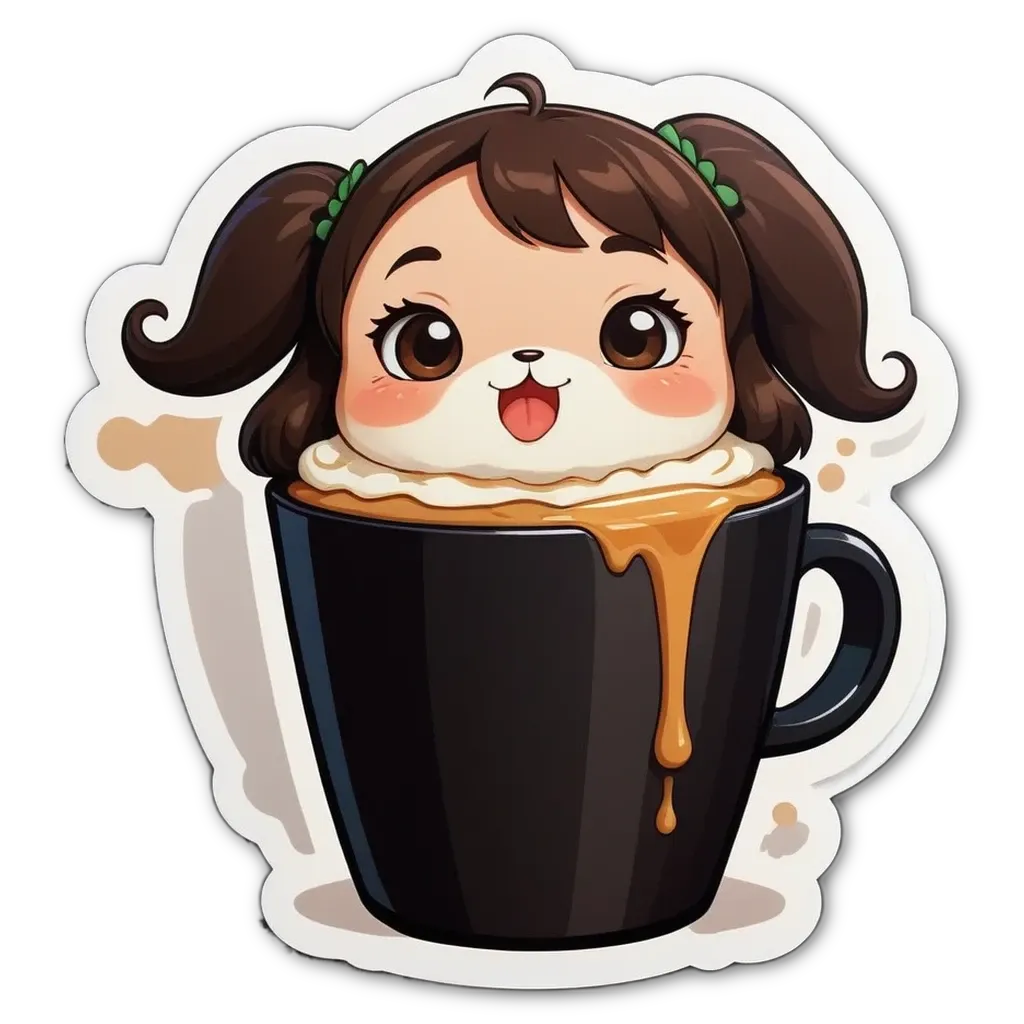 A sticker of a girl's face inside of a cup of coffee.