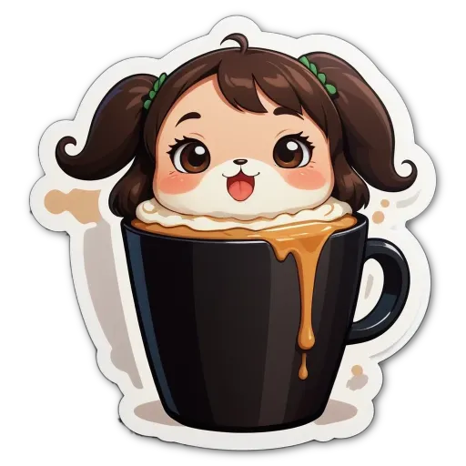 A sticker of a girl's face inside of a cup of coffee.