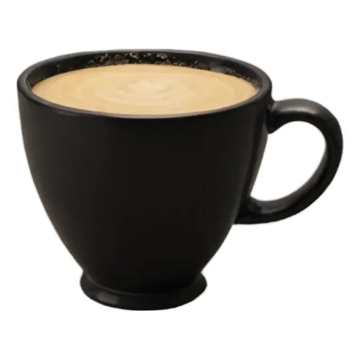 A black coffee cup with a white cream swirl in it.