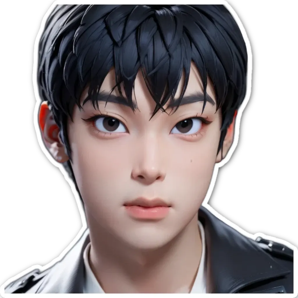 A sticker of a boy's face with black hair.