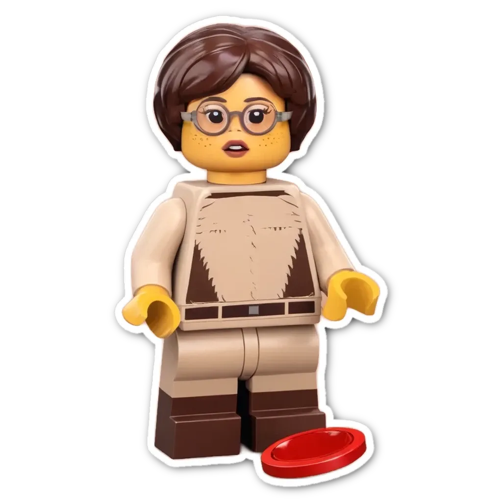 A sticker of a lego person holding a red disc.