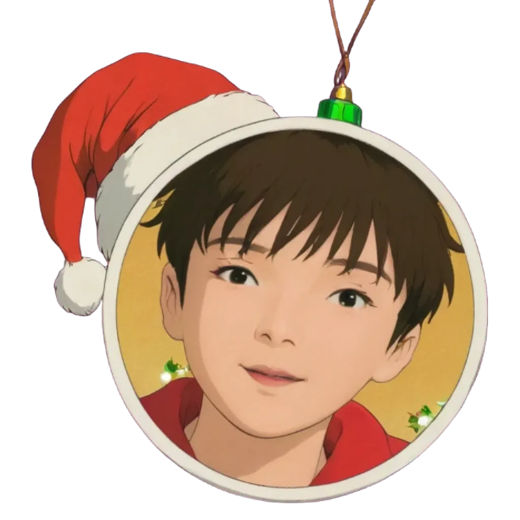 A cartoon boy is wearing a Christmas hat.