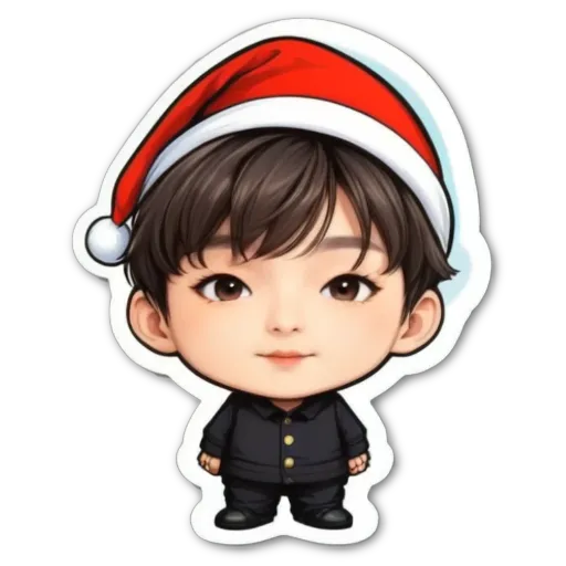 A boy wearing a Christmas hat sticker.