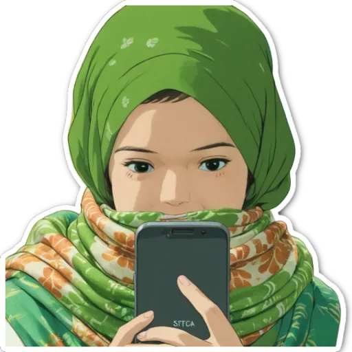 A sticker of a girl looking at her phone.