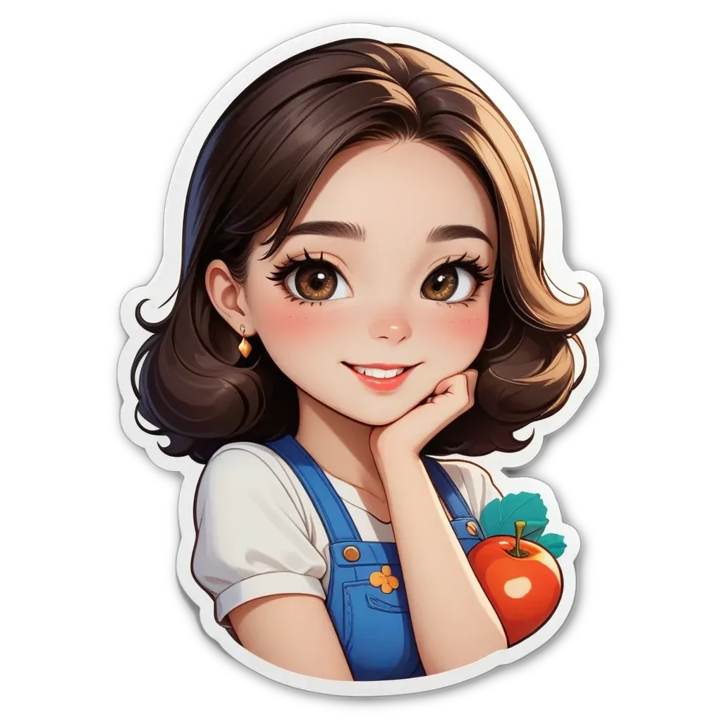 A sticker of a girl posing with an apple.