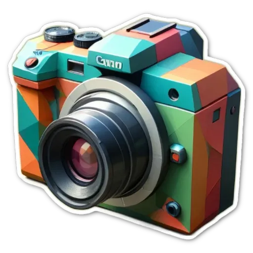 A colorful camera with a black body and an orange lens.