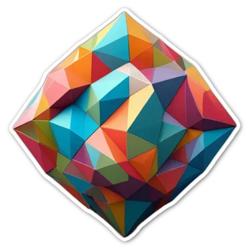A colorful geometric shape sticker is on a black background.