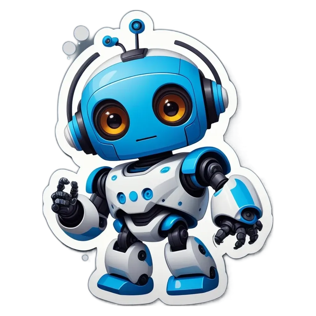 A blue and white robot is standing up and looking at the camera.