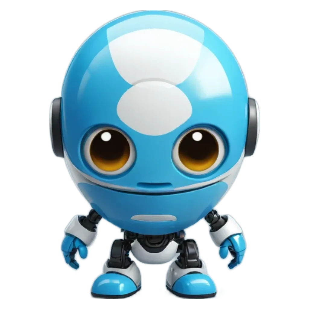 A blue and white robot is looking at the camera.