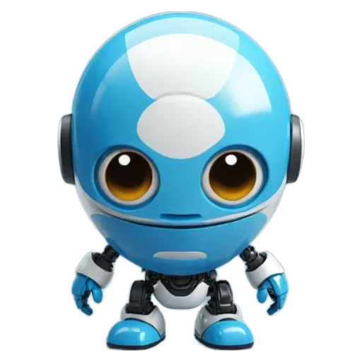 A blue and white robot is looking at the camera.