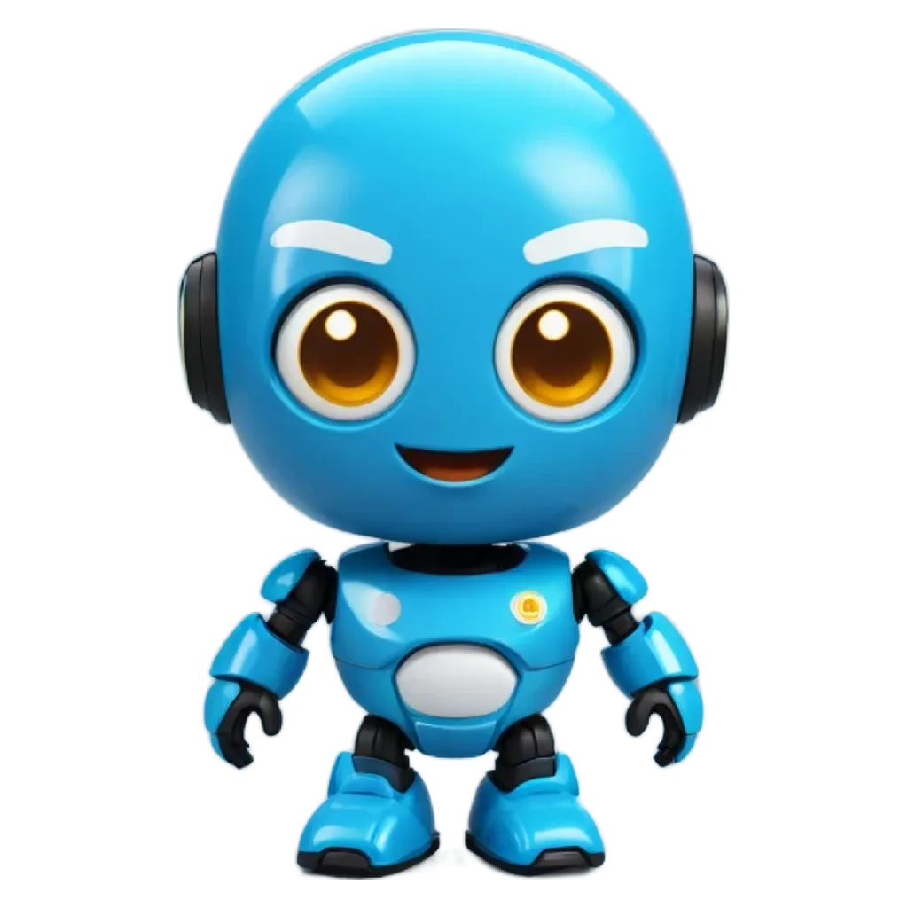 A blue robot that is smiling.