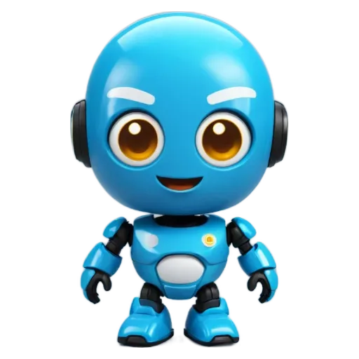 A blue robot that is smiling.