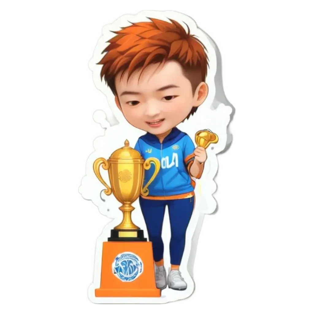 A boy is holding a trophy and is wearing a blue and orange shirt.