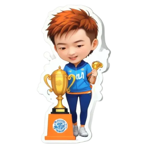 A boy is holding a trophy and is wearing a blue and orange shirt.