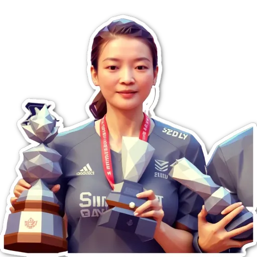 A woman holding trophies is wearing a gray shirt.