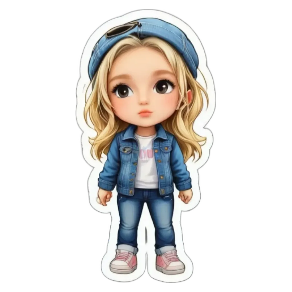 A girl cartoon sticker wearing a blue denim jacket.