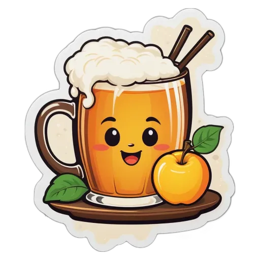 A colorful cartoon depiction of a mug of beer and an apple with a smiley face.