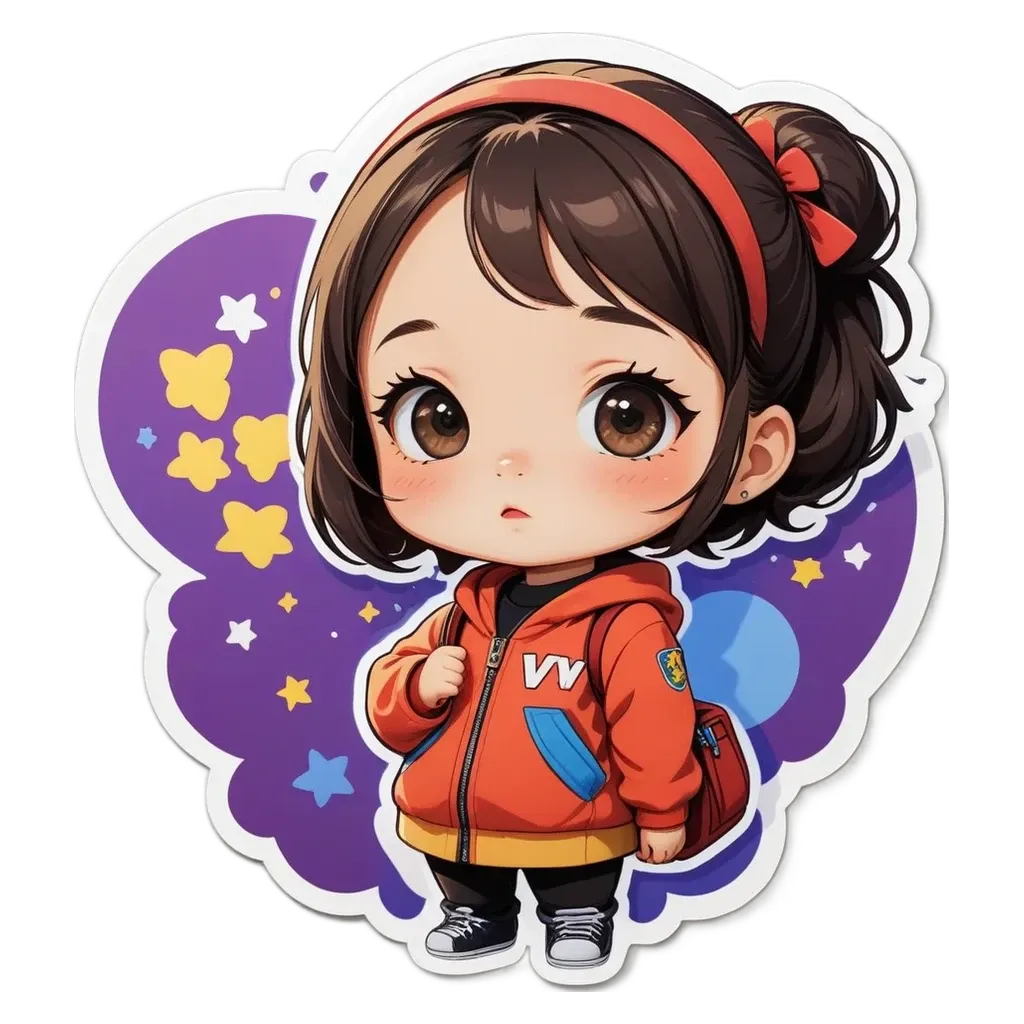 A girl wearing a red and blue jacket withww on it.