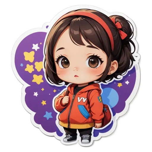 A girl wearing a red and blue jacket withww on it.