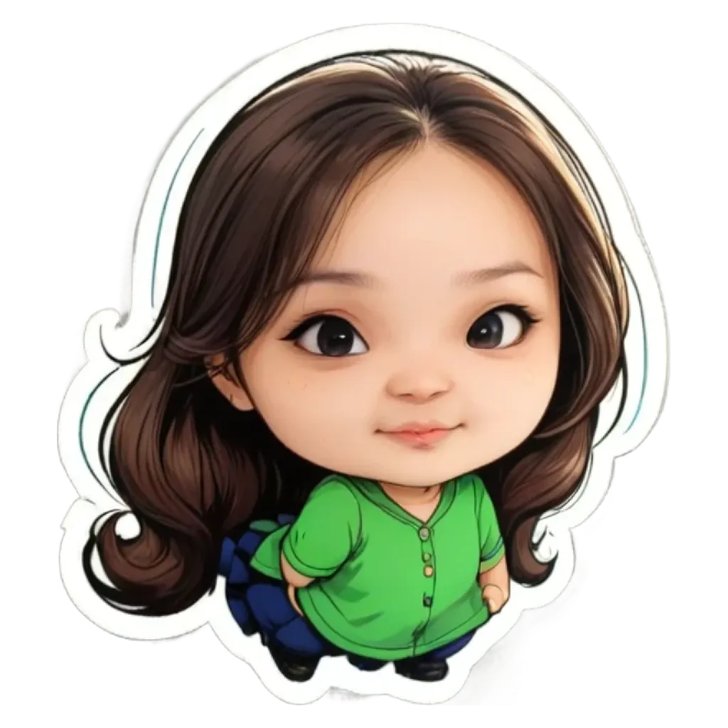 A green and brown girl sticker is on a black and white background.