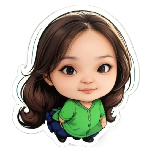 A green and brown girl sticker is on a black and white background.