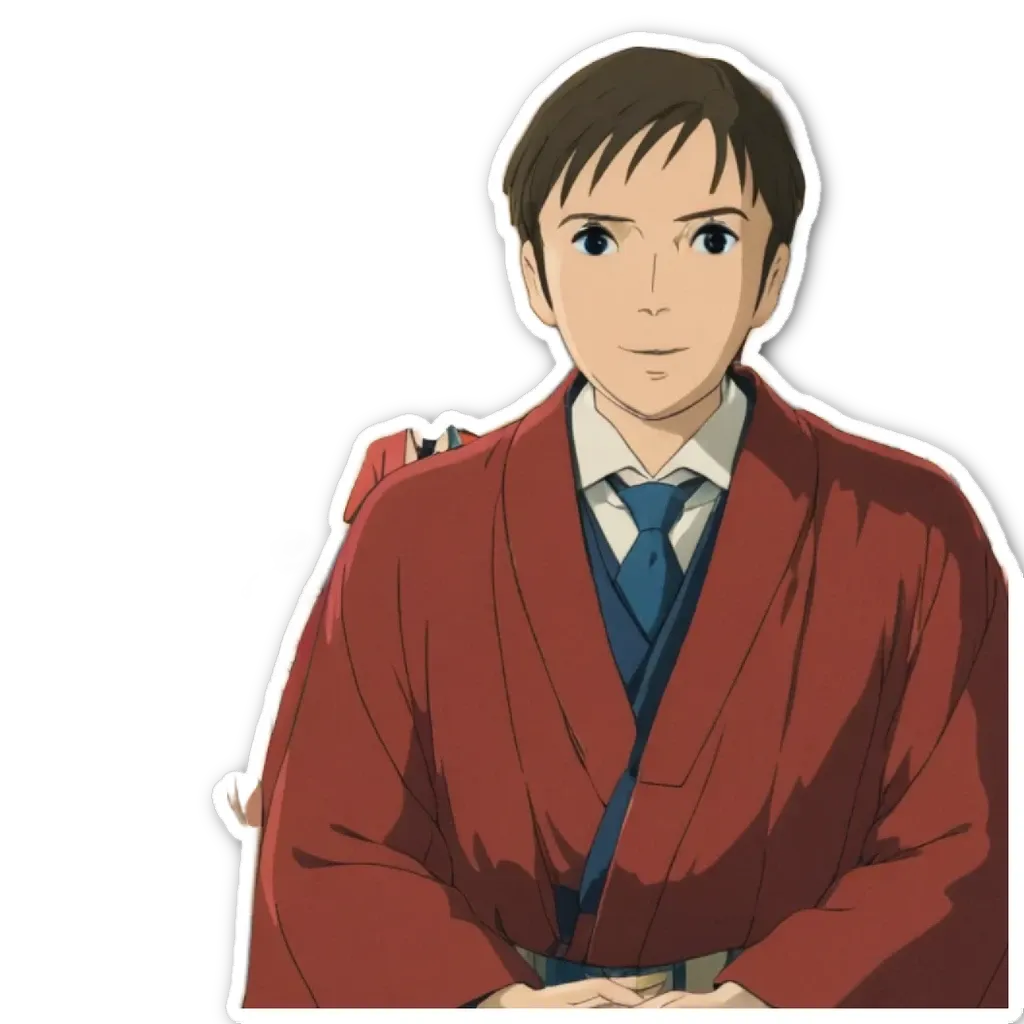 A boy is wearing a red kimono and a blue tie.