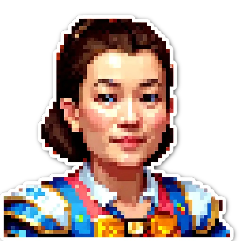 A woman painted in a pixelated sticker image.