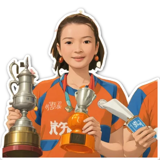 A woman holding trophies is shown with a blue and orange color scheme.