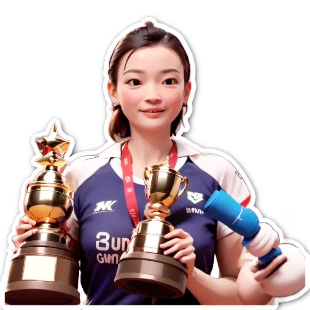 A woman holding trophies is shown with a blue and gold star.